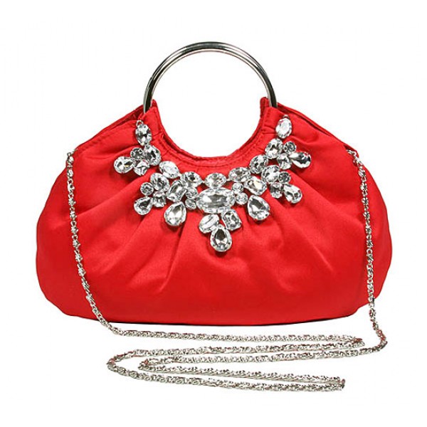 Evening Bag - Jeweled Satin w/ Metal Ring - Red - BG-90679RD